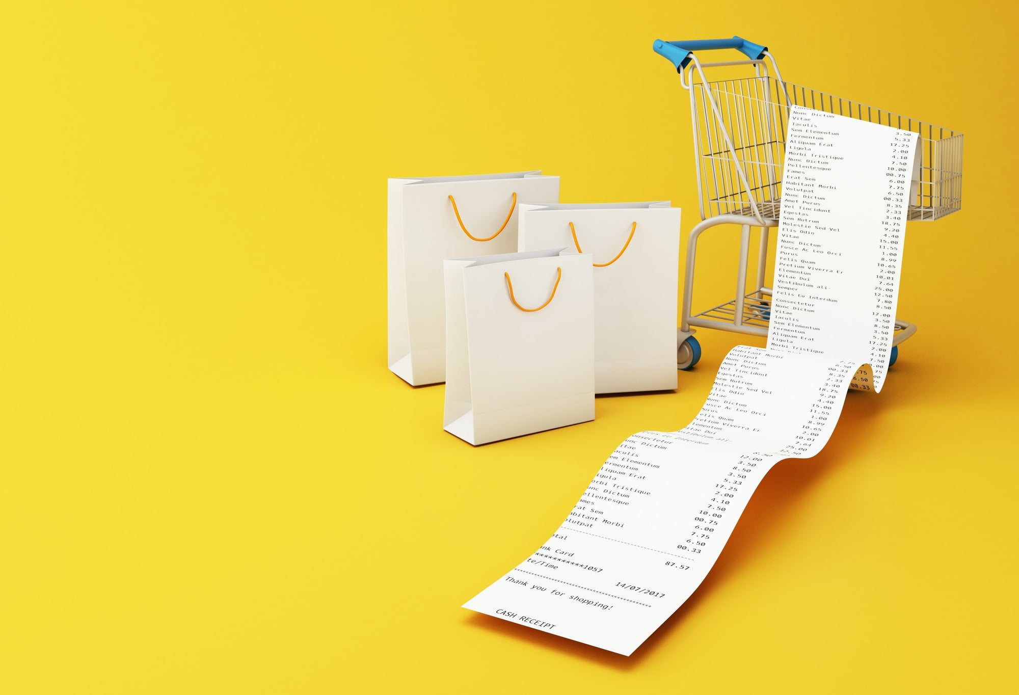 3d Bags and Shopping cart with store receipt